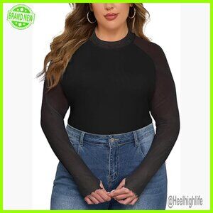 Plus Size Mesh Long Sleeve Mock Neck Blouse Floral Sheer Slim Fit Top